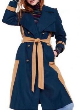 La Ligne Navy Trench Coat with Tan Contrast Trim